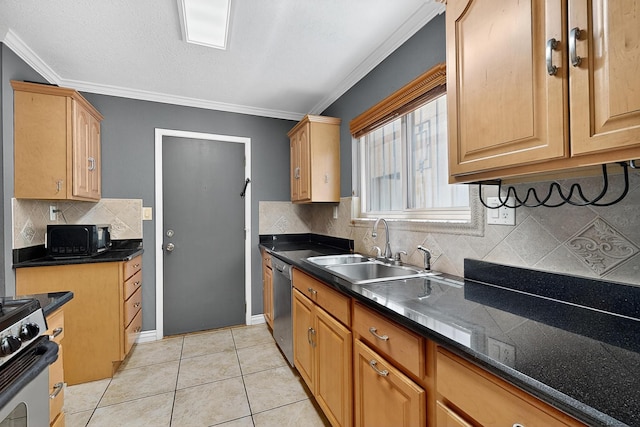 5415 Colleens Way NE, Albuquerque, NM 87111 - kitchen with stainless steel appliances, ornamental molding, dark countertops, backsplash, and light tile patterned floors