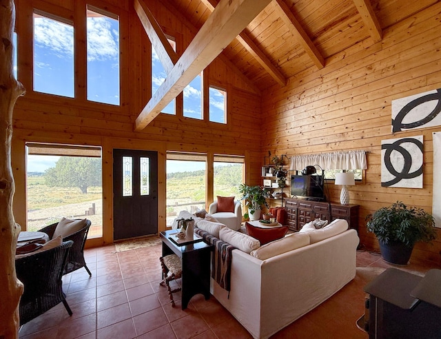 195 Ferguson Rd, Ramah, NM 87321 - living area featuring a wooden ceiling with exposed beams, high vaulted ceiling, wood walls, and tile patterned flooring