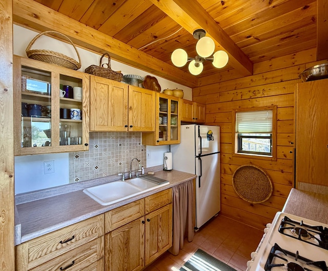 195 Ferguson Rd, Ramah, NM 87321 - kitchen featuring white appliances, a wood ceiling with exposed beams, light tile patterned floors, decorative backsplash, and glass insert cabinets