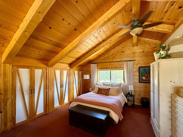 195 Ferguson Rd, Ramah, NM 87321 - bedroom featuring wood walls, wood ceiling, and dark colored carpet