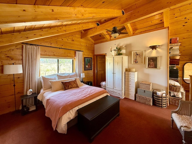 195 Ferguson Rd, Ramah, NM 87321 - bedroom with wooden walls, dark colored carpet, and wood ceiling