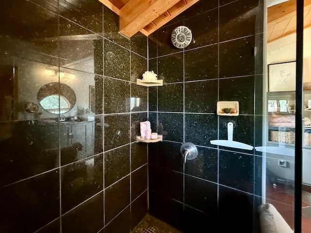 195 Ferguson Rd, Ramah, NM 87321 - full bath featuring tiled shower and beamed ceiling