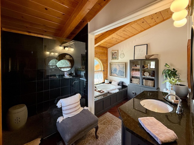 195 Ferguson Rd, Ramah, NM 87321 - full bathroom with a wood ceiling with exposed beams, a garden tub, vanity, and tiled shower