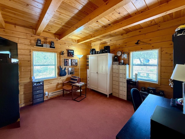 195 Ferguson Rd, Ramah, NM 87321 - carpeted office space featuring plenty of natural light, wooden walls, a wood ceiling with exposed beams, and a baseboard heating unit