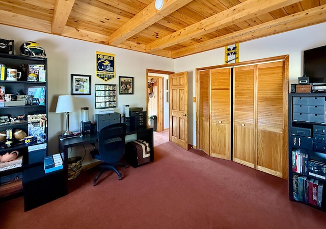 195 Ferguson Rd, Ramah, NM 87321 - home office with a wood ceiling with exposed beams and carpet flooring