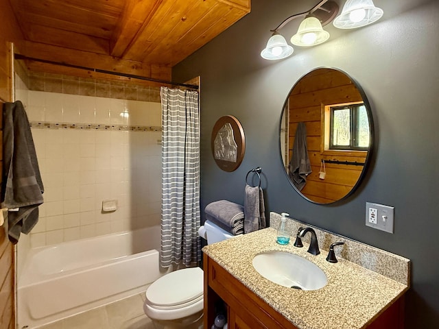 195 Ferguson Rd, Ramah, NM 87321 - full bath featuring wooden ceiling, vanity, shower / bathtub combination with curtain, and tile patterned flooring