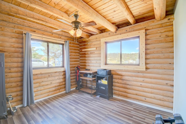 58 Quiet Valley Loop, Edgewood, NM 87015 - spare room with a wood ceiling with exposed beams, wood finished floors, ceiling fan, and log walls