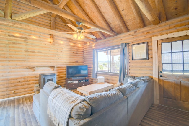 58 Quiet Valley Loop, Edgewood, NM 87015 - living room featuring log walls, wood-type flooring, high vaulted ceiling, a ceiling fan, and a wood ceiling with exposed beams