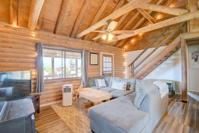 58 Quiet Valley Loop, Edgewood, NM 87015 - living room with log walls, wood finished floors, wooden ceiling, and ceiling fan