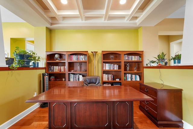 2308 Desert View Rd NE, Rio Rancho, NM 87144 - office space featuring coffered ceiling, wood finished floors, and beamed ceiling