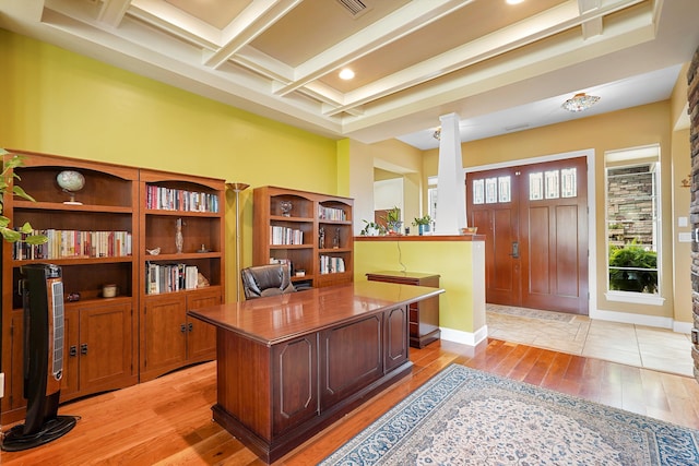 2308 Desert View Rd NE, Rio Rancho, NM 87144 - office with light wood-style floors, ornate columns, coffered ceiling, and beam ceiling
