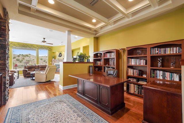 2308 Desert View Rd NE, Rio Rancho, NM 87144 - home office with ceiling fan, coffered ceiling, hardwood / wood-style floors, beamed ceiling, and recessed lighting