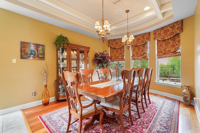 2308 Desert View Rd NE, Rio Rancho, NM 87144 - dining area featuring a chandelier, wood finished floors, coffered ceiling, recessed lighting, and a raised ceiling