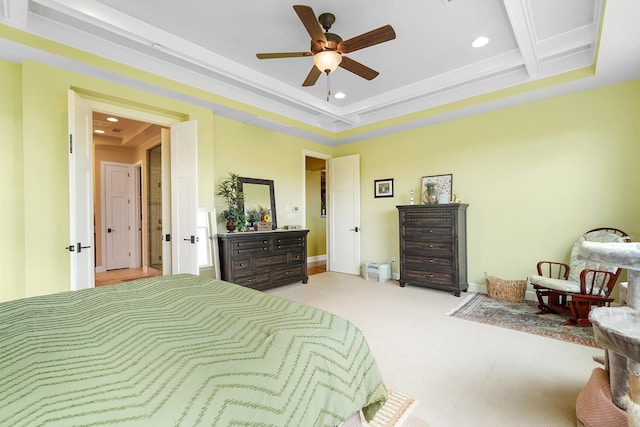 2308 Desert View Rd NE, Rio Rancho, NM 87144 - bedroom with recessed lighting, carpet floors, a tray ceiling, and ceiling fan