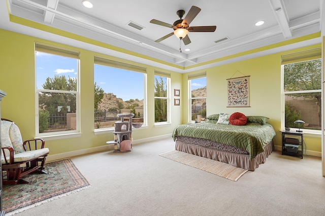2308 Desert View Rd NE, Rio Rancho, NM 87144 - bedroom with coffered ceiling, carpet floors, recessed lighting, beamed ceiling, and ceiling fan