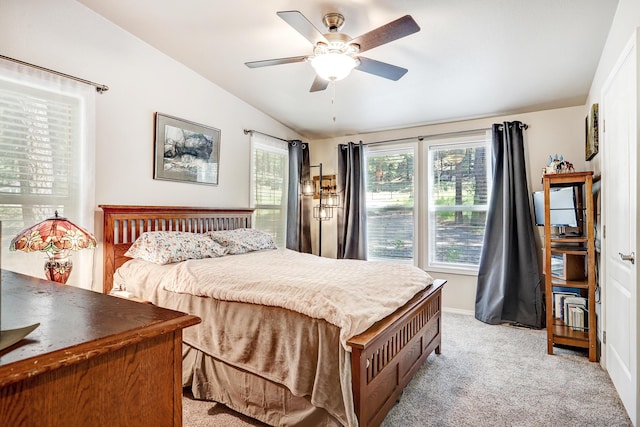150 Ponderosa Way, Jemez Springs, NM 87025 - bedroom with vaulted ceiling, light carpet, and a ceiling fan