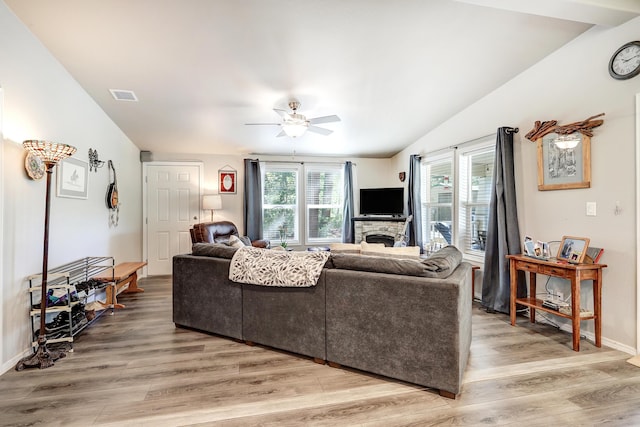 150 Ponderosa Way, Jemez Springs, NM 87025 - living room featuring ceiling fan, light wood-style floors, and vaulted ceiling