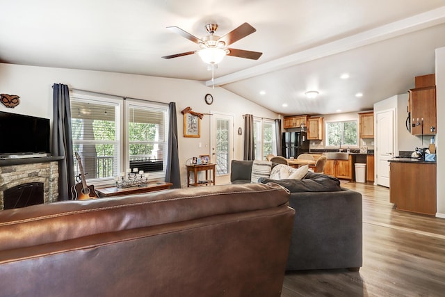 150 Ponderosa Way, Jemez Springs, NM 87025 - living room featuring wood finished floors, ceiling fan, recessed lighting, and a fireplace