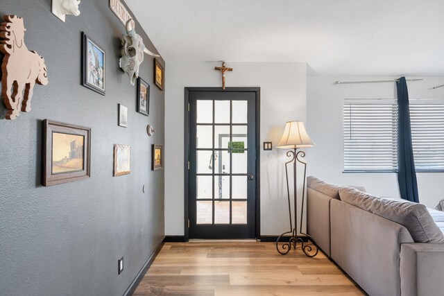 1257 Dinkle Rd, Stanley, NM 87056 - doorway with light wood-type flooring and baseboards