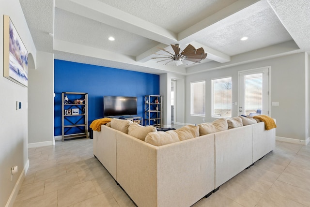 4529 Skyline Loop NE, Rio Rancho, NM 87144 - living area featuring a textured ceiling, ceiling fan, recessed lighting, beamed ceiling, and coffered ceiling