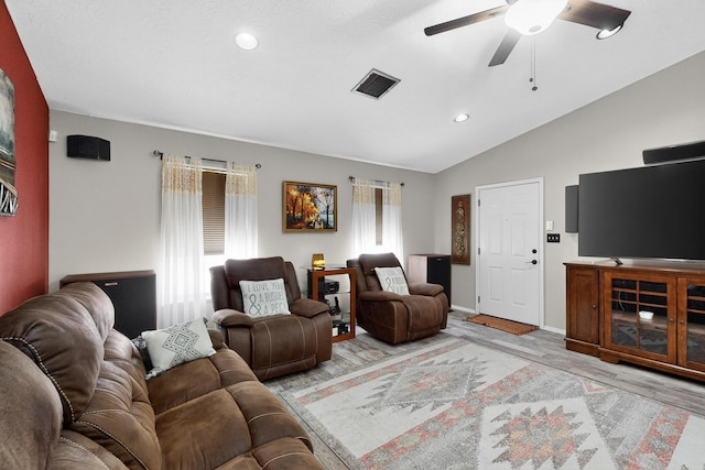 9616 Eucariz Ave SW, Albuquerque, NM 87121 - living room featuring light wood finished floors, ceiling fan, lofted ceiling, and recessed lighting