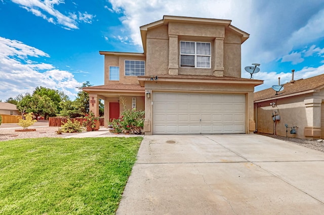 701 Autumn Meadows Dr, Rio Rancho, NM 87144 - traditional-style house with driveway, an attached garage, stucco siding, and a front lawn