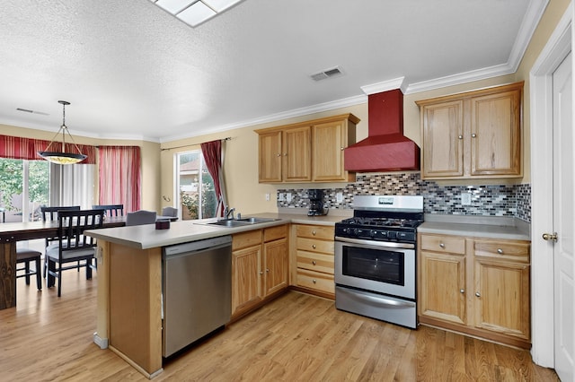 701 Autumn Meadows Dr, Rio Rancho, NM 87144 - kitchen featuring appliances with stainless steel finishes, premium range hood, plenty of natural light, a peninsula, and crown molding