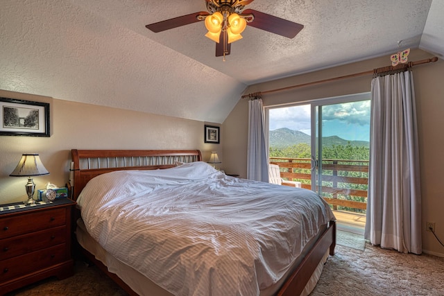 1 Dinosaur Rd, Stanley, NM 87056 - bedroom featuring a textured ceiling, access to outside, vaulted ceiling, carpet, and a mountain view