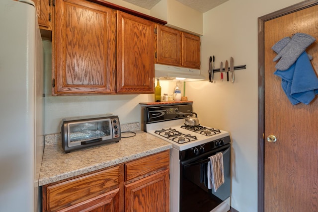1 Dinosaur Rd, Stanley, NM 87056 - kitchen with white appliances, under cabinet range hood, light countertops, and brown cabinets