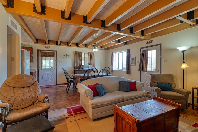 1 Dinosaur Rd, Stanley, NM 87056 - living room featuring beam ceiling, light wood-style floors, and ceiling fan