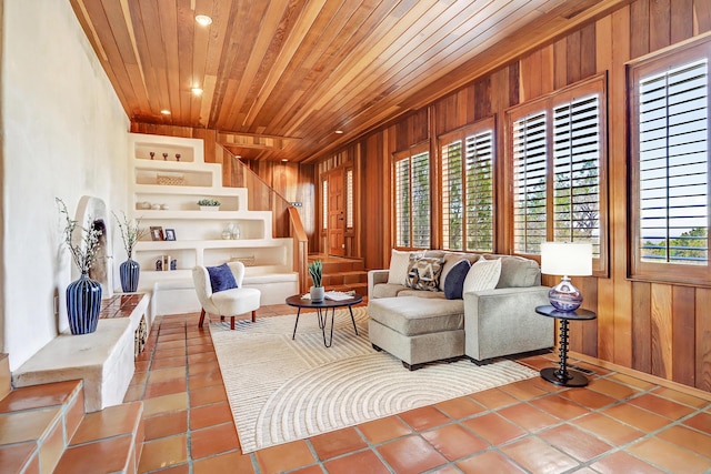1036 Red Oaks Loop NE, Albuquerque, NM 87122 - tiled living room with wood walls, wooden ceiling, built in features, and recessed lighting