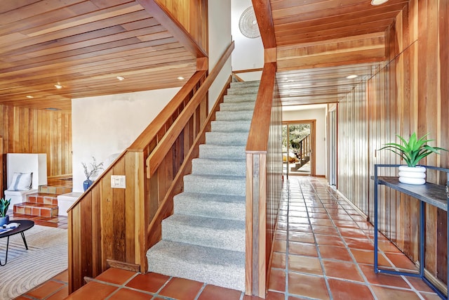 1036 Red Oaks Loop NE, Albuquerque, NM 87122 - staircase featuring wooden ceiling, wood walls, and recessed lighting