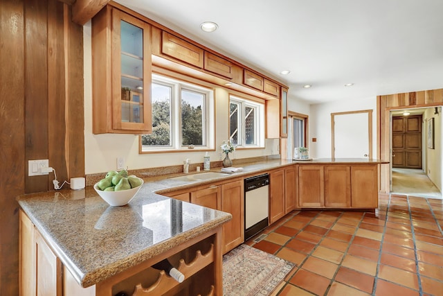 1036 Red Oaks Loop NE, Albuquerque, NM 87122 - kitchen with a peninsula, dishwasher, glass insert cabinets, recessed lighting, and light stone counters