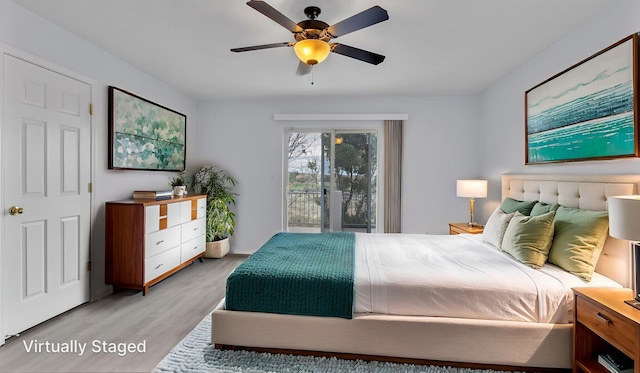 3536 Clear Creek Pl, Rio Rancho, NM 87144 - bedroom featuring light wood-style floors, access to outside, and a ceiling fan