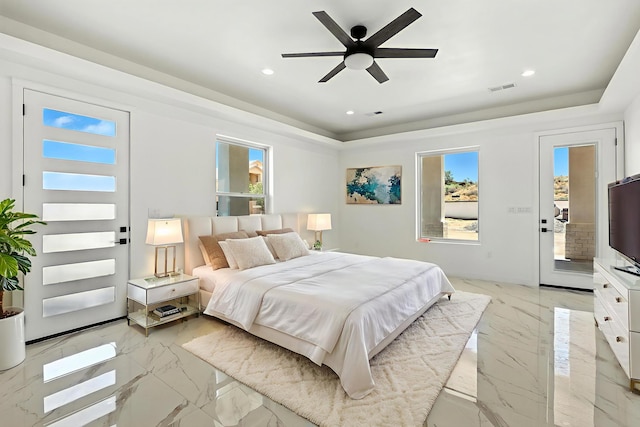 5624 Laredo, Rio Rancho, NM 87144 - bedroom featuring a raised ceiling, recessed lighting, light marble finish flooring, access to exterior, and ceiling fan