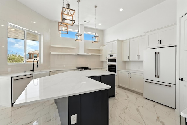 5624 Laredo, Rio Rancho, NM 87144 - kitchen with white appliances, open shelves, a kitchen island, light marble finish flooring, and white cabinetry