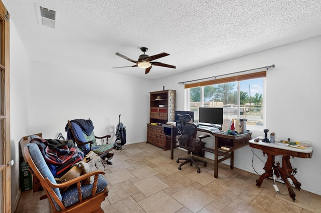 855 Foxcroft Loop, Bosque Farms, NM 87068 - home office featuring ceiling fan, a textured ceiling, and stone finish flooring