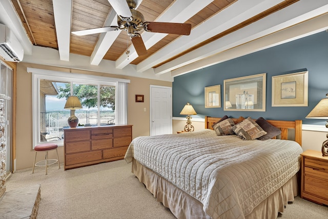 302 Crestview Dr SW, Albuquerque, NM 87105 - bedroom featuring a wood ceiling with exposed beams, light carpet, a wall mounted air conditioner, and a ceiling fan