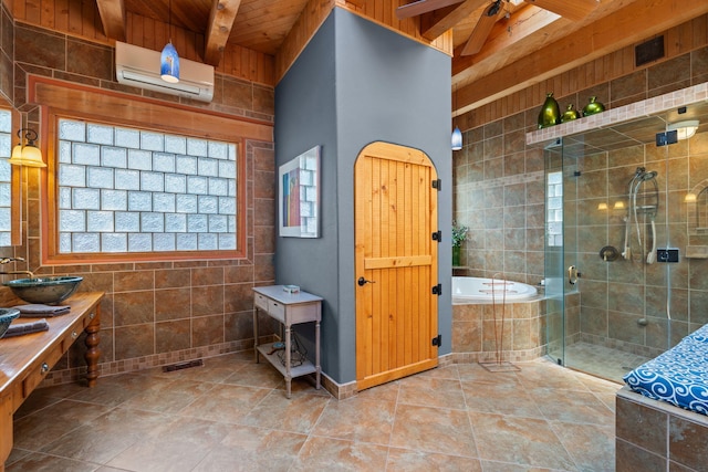 704 Tyler Rd NW, Los Ranchos, NM 87107 - bathroom with an AC wall unit, a garden tub, a stall shower, wooden ceiling, and ceiling fan