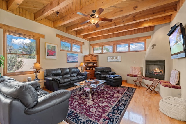 704 Tyler Rd NW, Los Ranchos, NM 87107 - living area with hardwood / wood-style floors, a fireplace, a wood ceiling with exposed beams, and ceiling fan