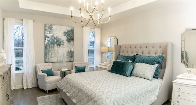 bedroom with a raised ceiling and dark hardwood / wood-style flooring