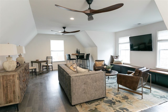 9636 Grays Meadow Dr, Cordova, TN 38018 - living area featuring ceiling fan, a wealth of natural light, wood finished floors, and lofted ceiling