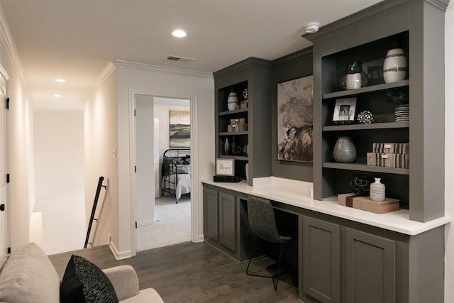 9636 Grays Meadow Dr, Cordova, TN 38018 - bar featuring built in features, ornamental molding, visible vents, built in desk, and dark wood-style floors