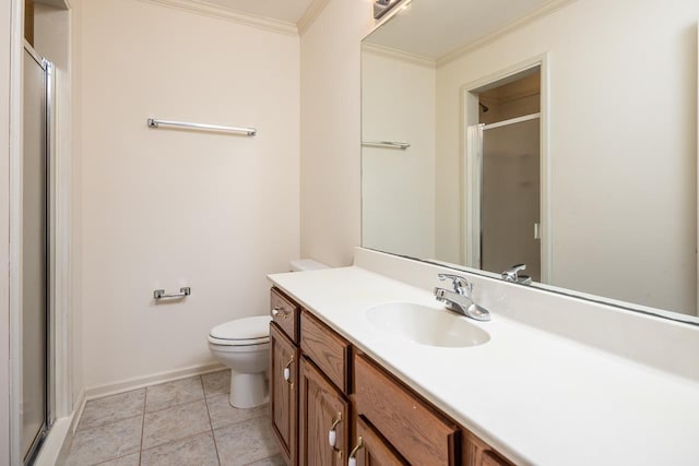 bathroom with walk in shower, tile floors, toilet, ornamental molding, and oversized vanity