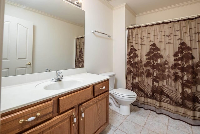 bathroom with tile floors, oversized vanity, toilet, and ornamental molding