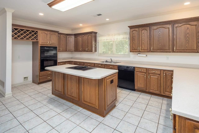 kitchen featuring sink, black appliances, light tile flooring, and ornamental molding