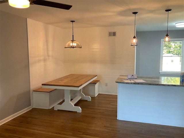 interior space featuring hanging light fixtures, dark hardwood / wood-style flooring, and kitchen peninsula