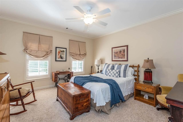 bedroom with ceiling fan, ornamental molding, and light carpet