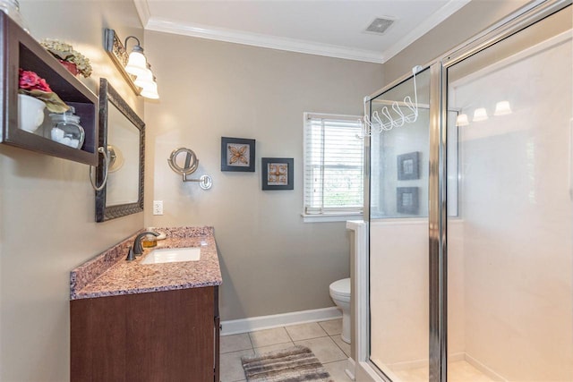 bathroom featuring an enclosed shower, vanity, tile flooring, toilet, and ornamental molding