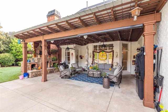 view of patio / terrace featuring a pergola, an outdoor living space with a fireplace, and ceiling fan